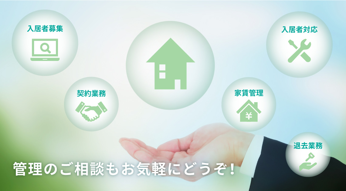 入居者募集、契約業務、家賃管理、入居者対応、退去業務など管理のご相談もお気軽にどうぞ